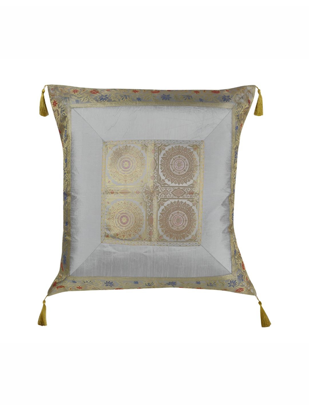 Lal Haveli Grey & Gold Toned Ethnic Motifs Silk Square Cushion Cover-picture-11