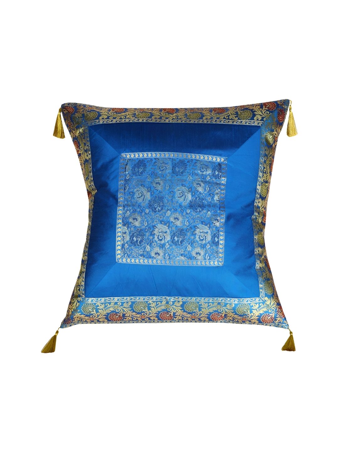 Lal Haveli Turquoise Blue & Gold Toned Ethnic Motifs Silk Square Cushion Cover-picture-15