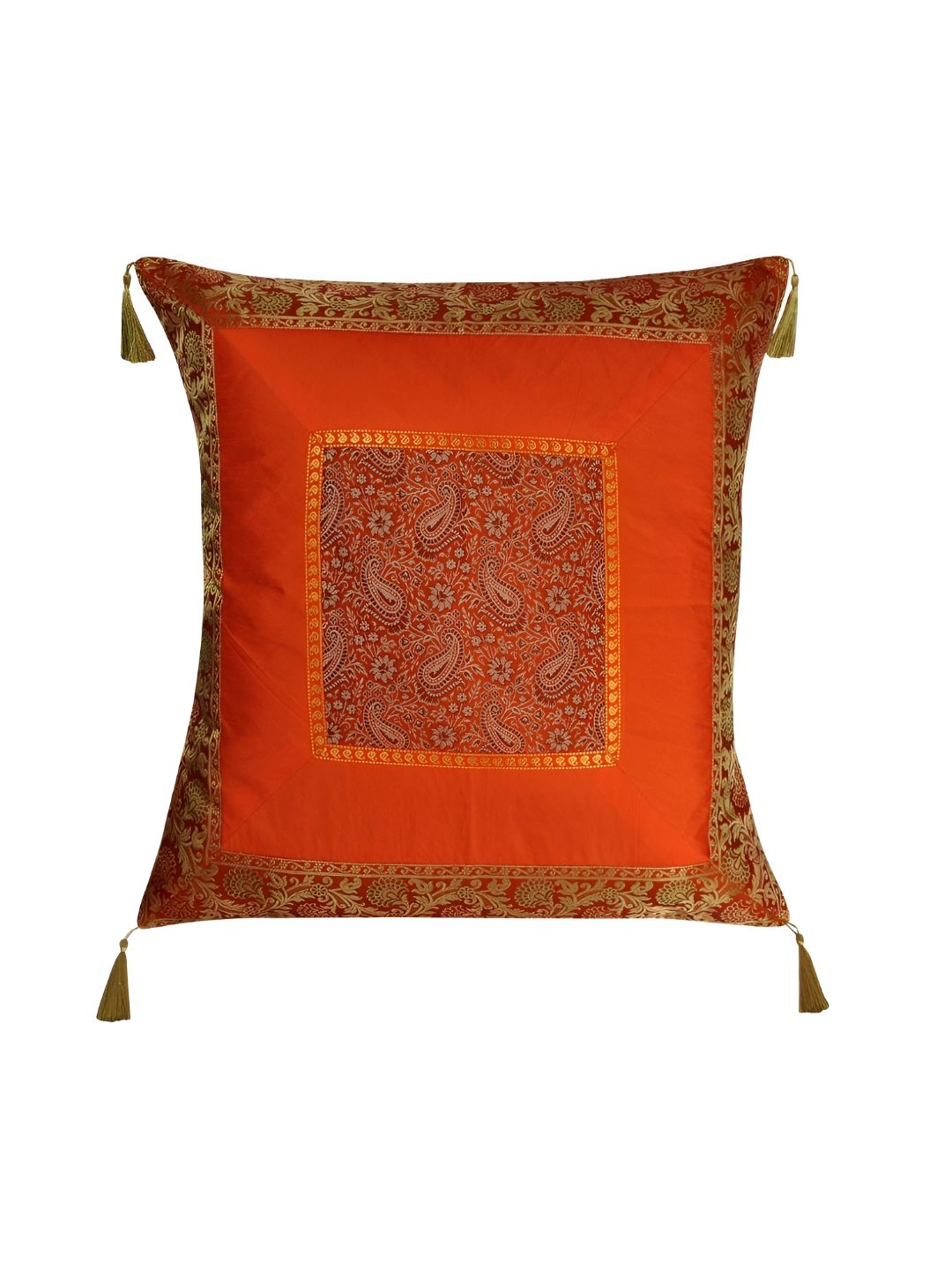 Lal Haveli Orange & Gold Toned Ethnic Motifs Silk Square Cushion Cover-picture-35