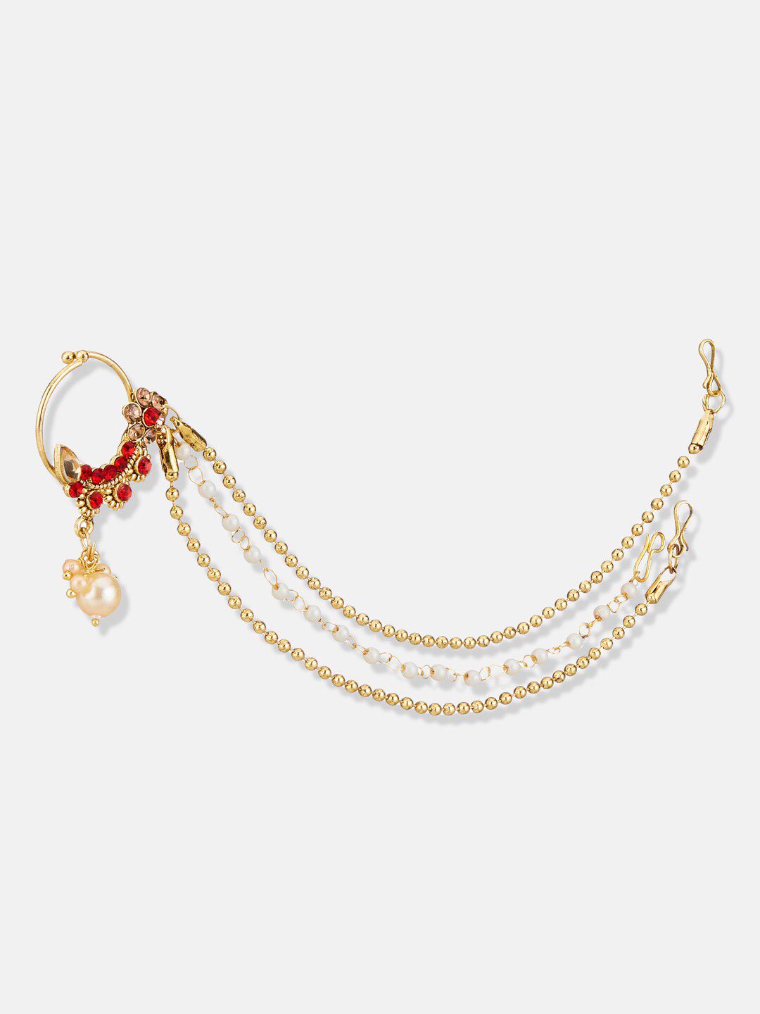 ATIBELLE Gold Plated Stone Studded Clip-On Nosepin With Beaded Extension