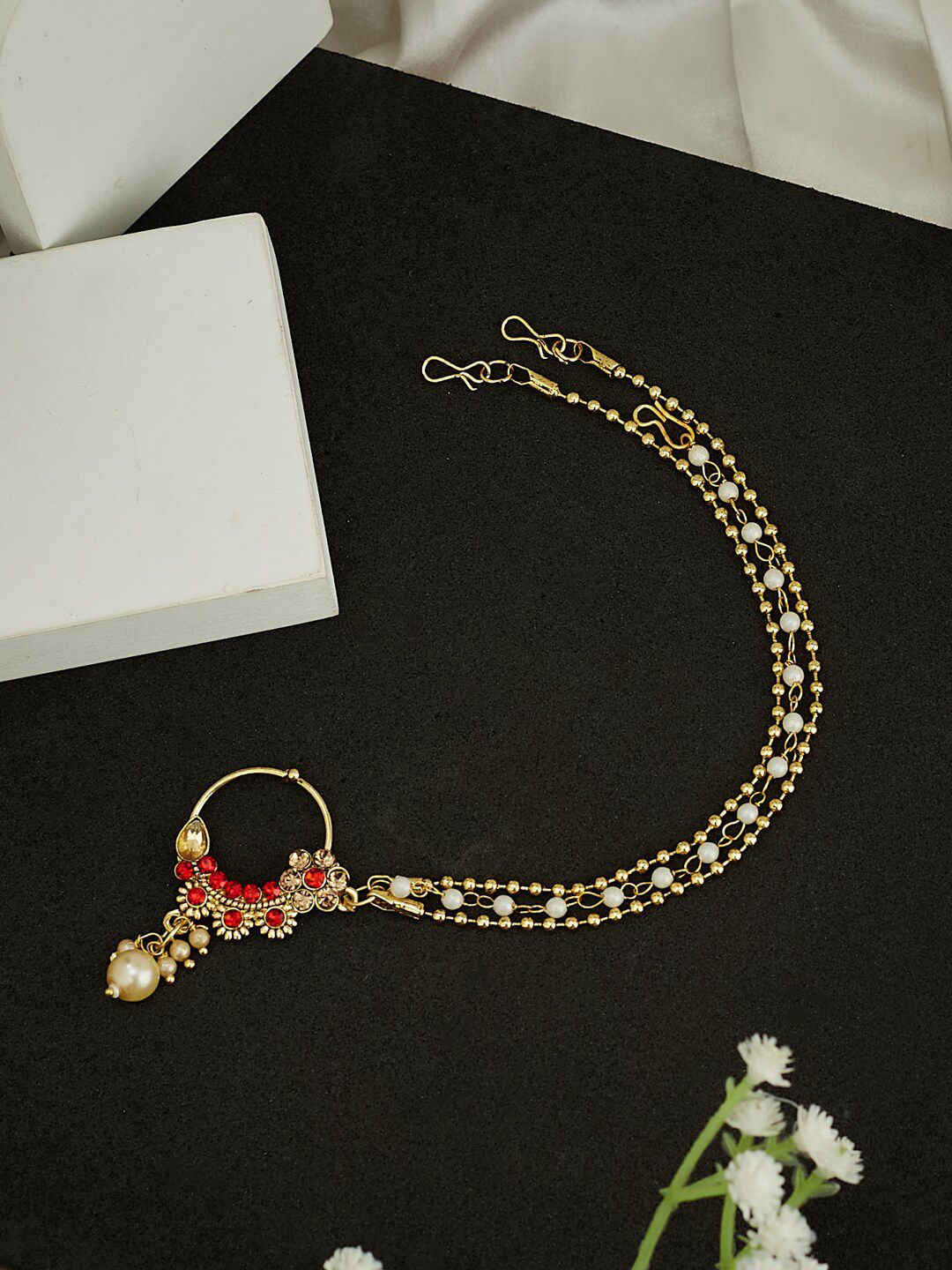 ATIBELLE Gold Plated Stone Studded Clip-On Nosepin With Beaded Extension
