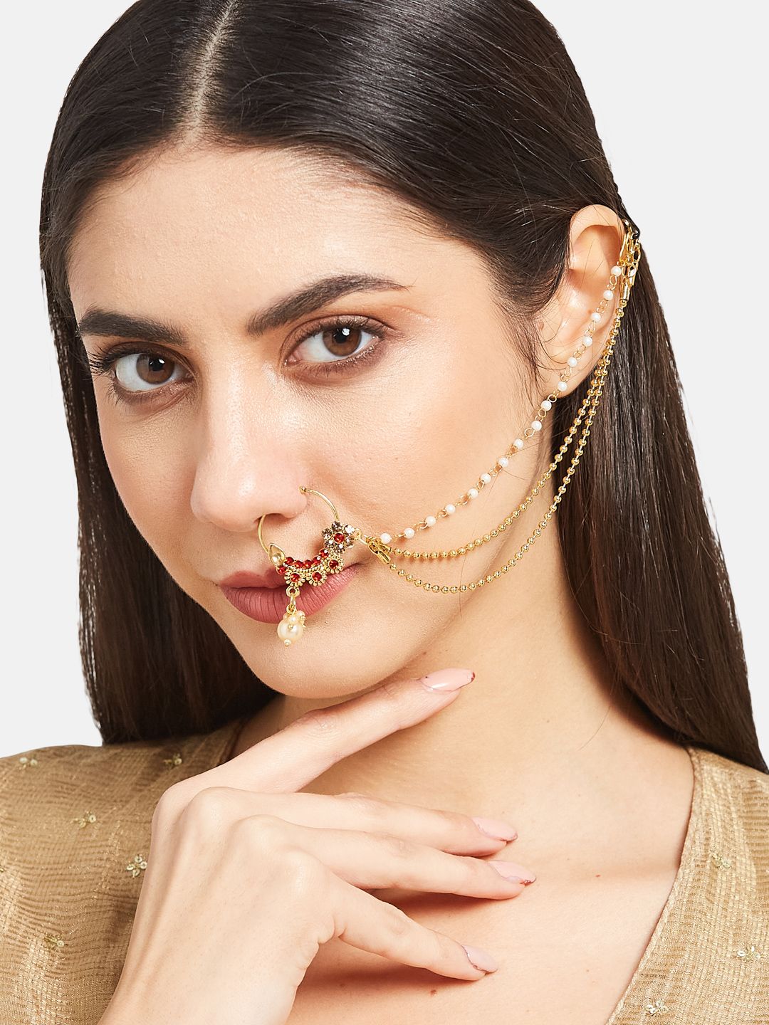 ATIBELLE Gold Plated Stone Studded Clip-On Nosepin With Beaded Extension