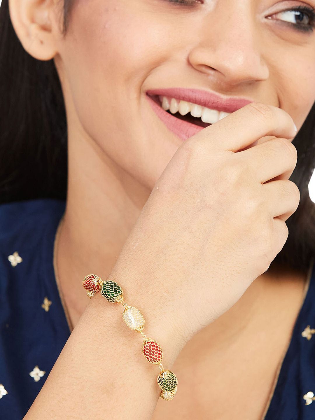 ATIBELLE Gold-Plated Artificial Beads Beaded Wraparound Bracelet