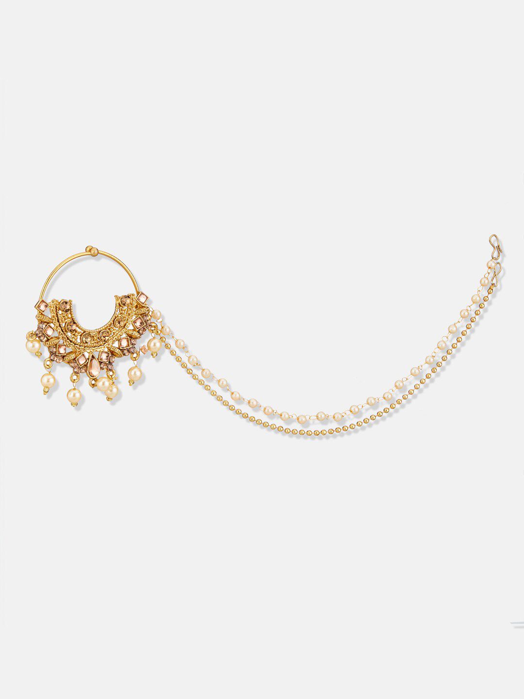 ATIBELLE Gold Plated Kundan Studded & Beaded Nosepin