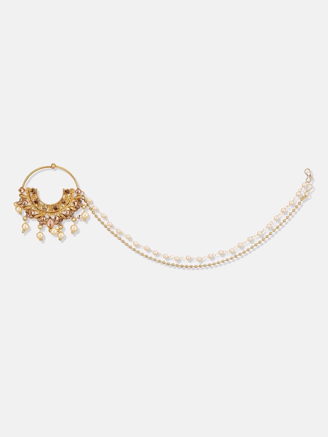 ATIBELLE Gold Plated Kundan Studded & Beaded Nosepin