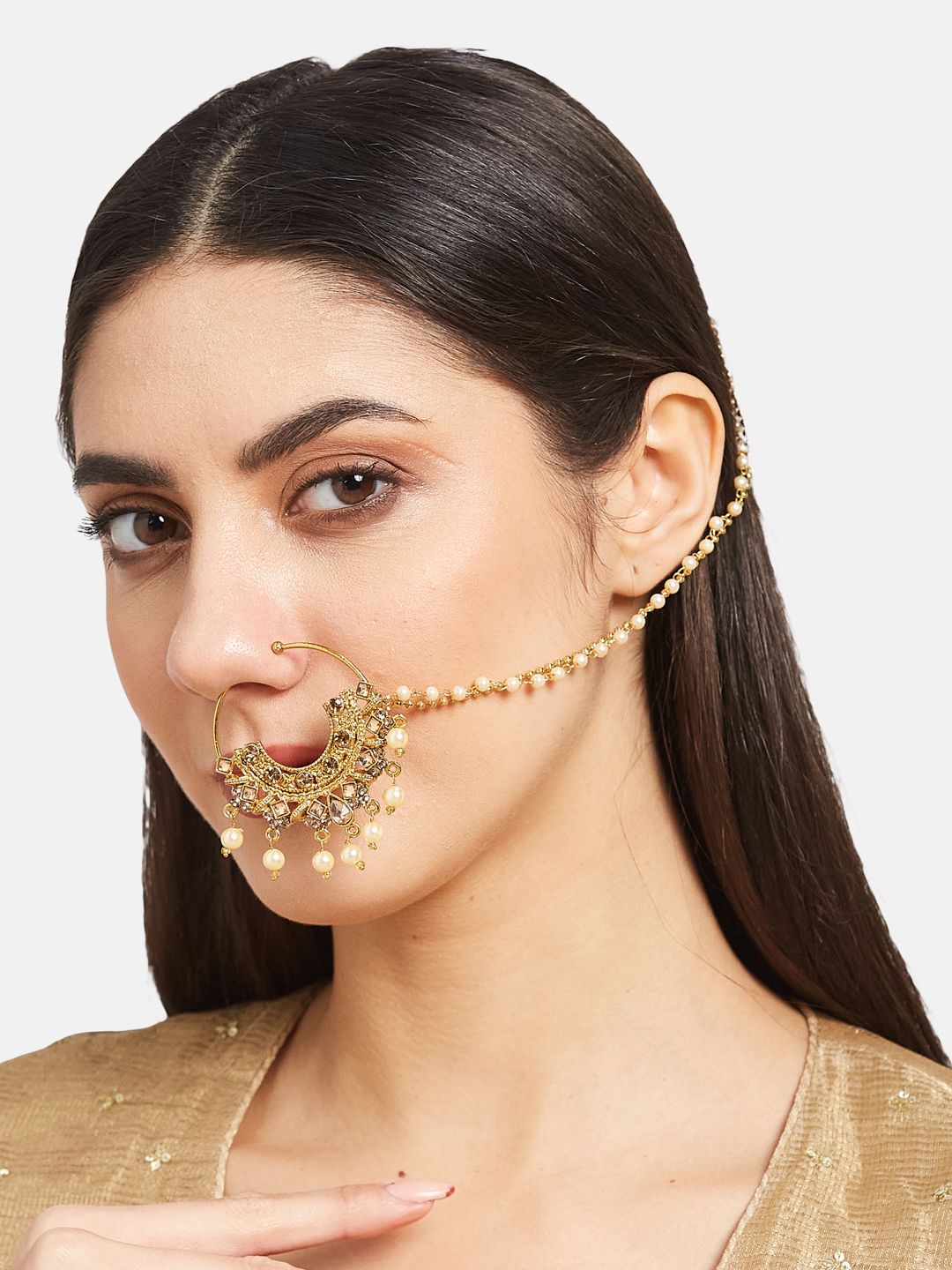 ATIBELLE Gold Plated Kundan Studded & Beaded Nosepin