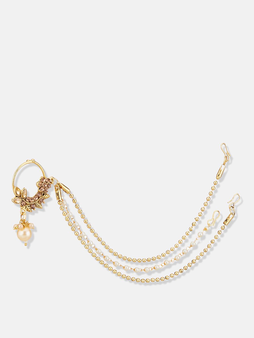 ATIBELLE Gold Plated Stone Studded & Pearls Beaded Nosepin With Beaded Extension