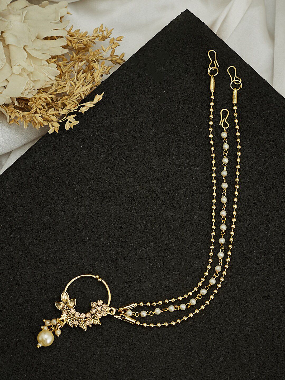 ATIBELLE Gold Plated Stone Studded & Pearls Beaded Nosepin With Beaded Extension