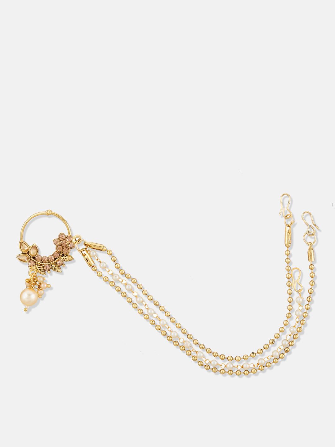 ATIBELLE Gold Plated Stone Studded & Pearls Beaded Nosepin With Beaded Extension