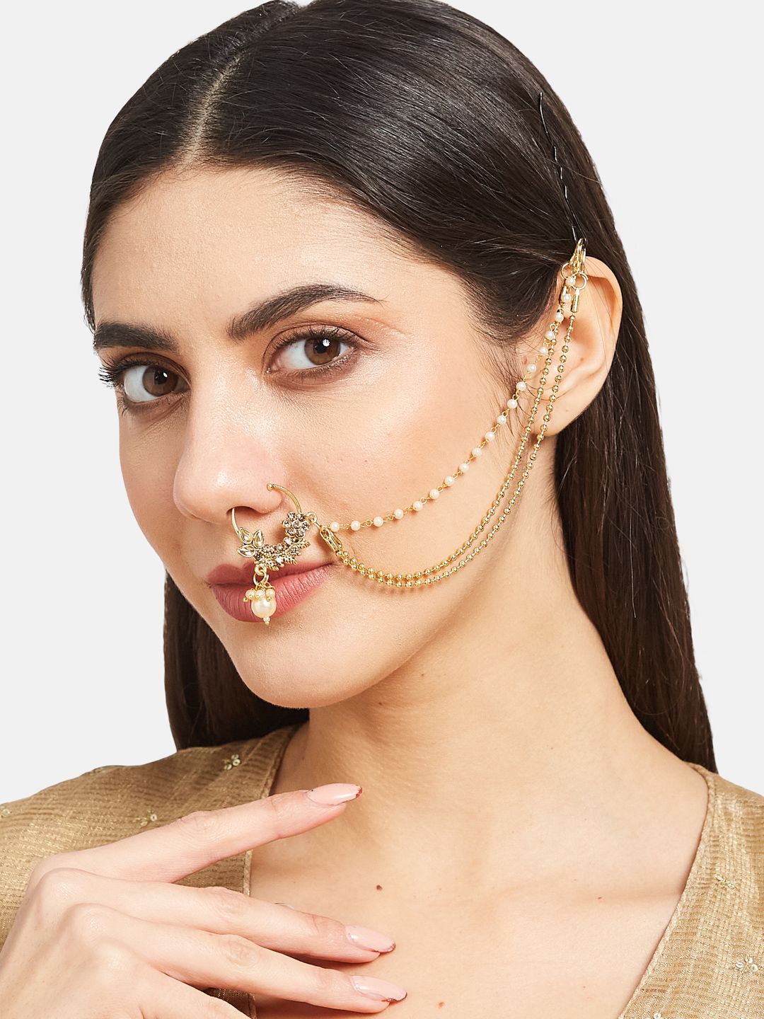 ATIBELLE Gold Plated Stone Studded & Pearls Beaded Nosepin With Beaded Extension