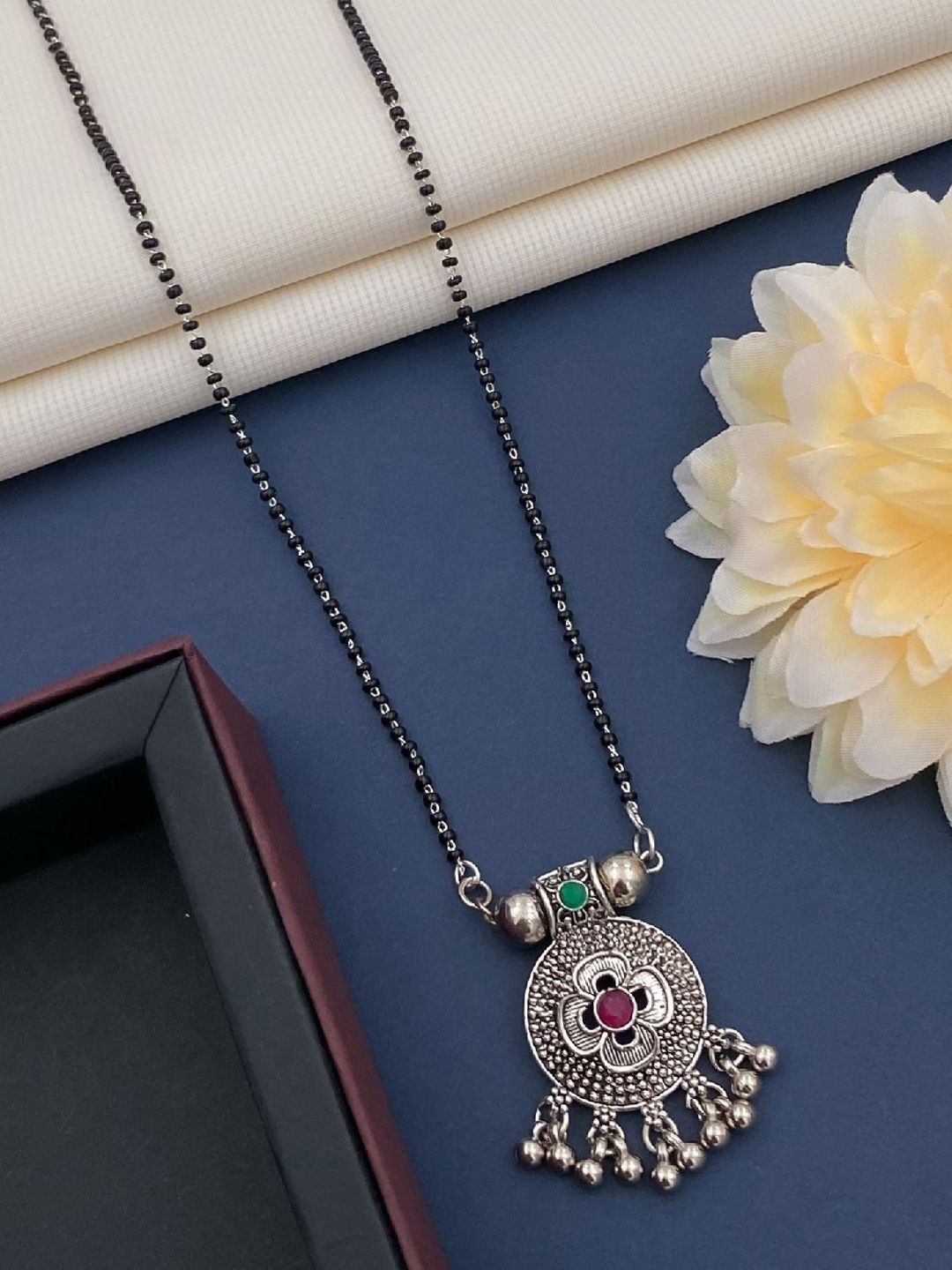 ATIBELLE Silver Plated Stone Studded & Beaded Mangalsutra