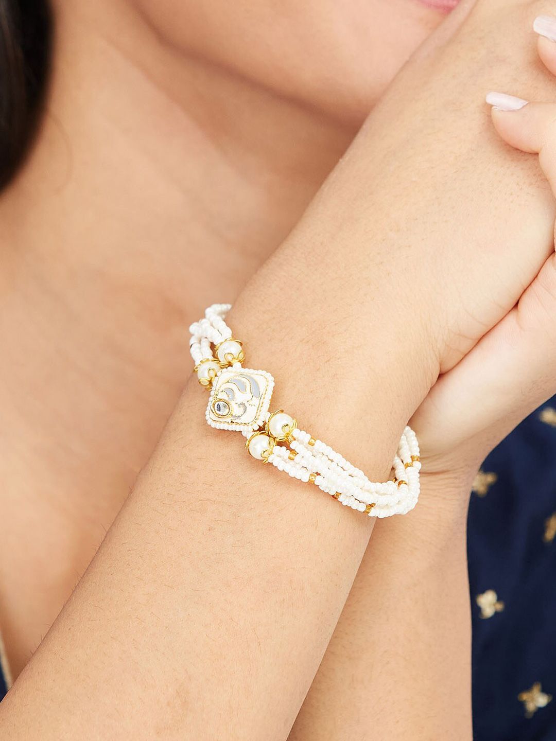 ATIBELLE  Gold-Plated Kundan-Studded & Beads Beaded Wraparound Bracelet