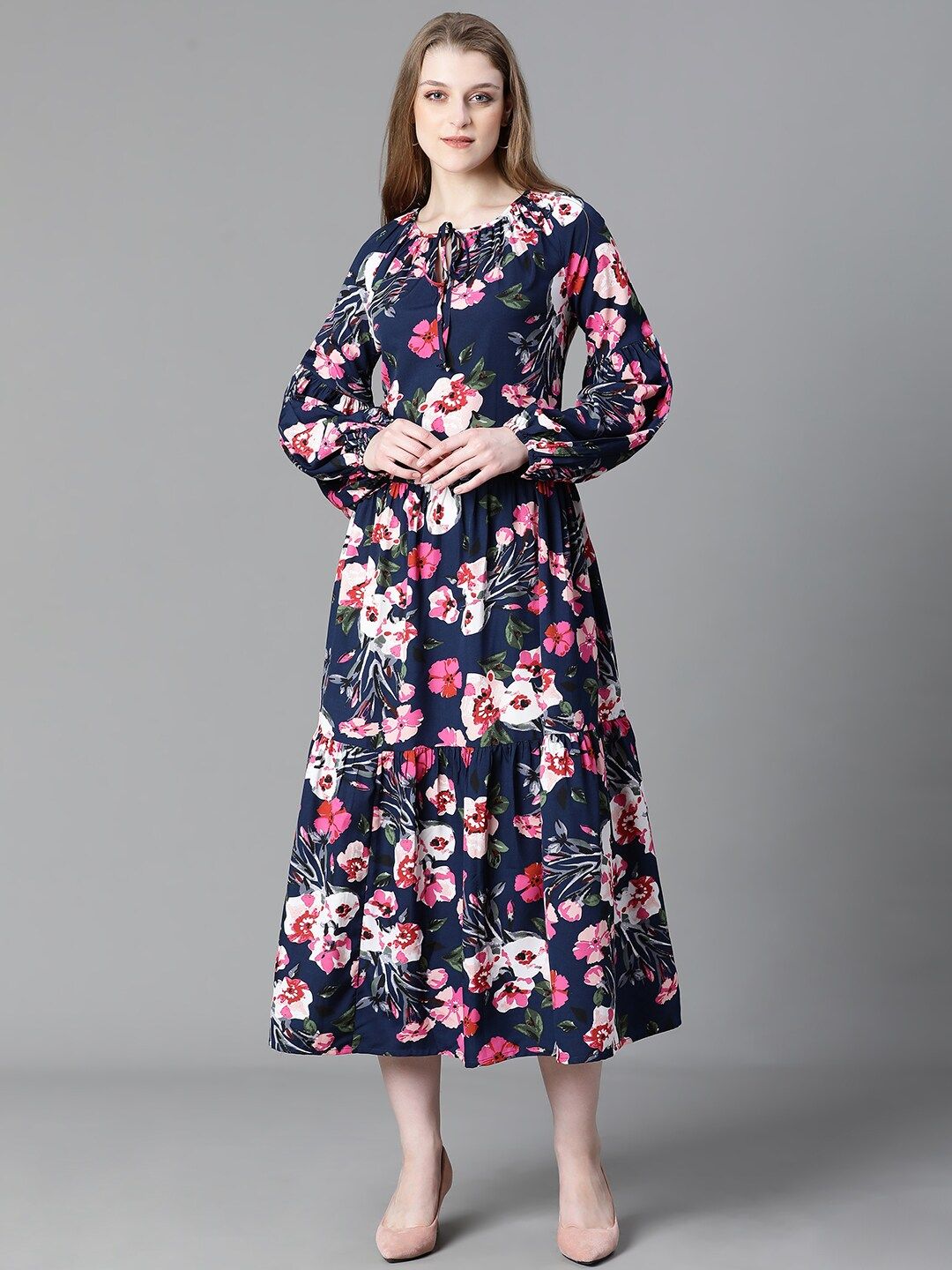 Oxolloxo Floral Printed Tie-Up Neck Fit & Flare Midi Dress-picture-29