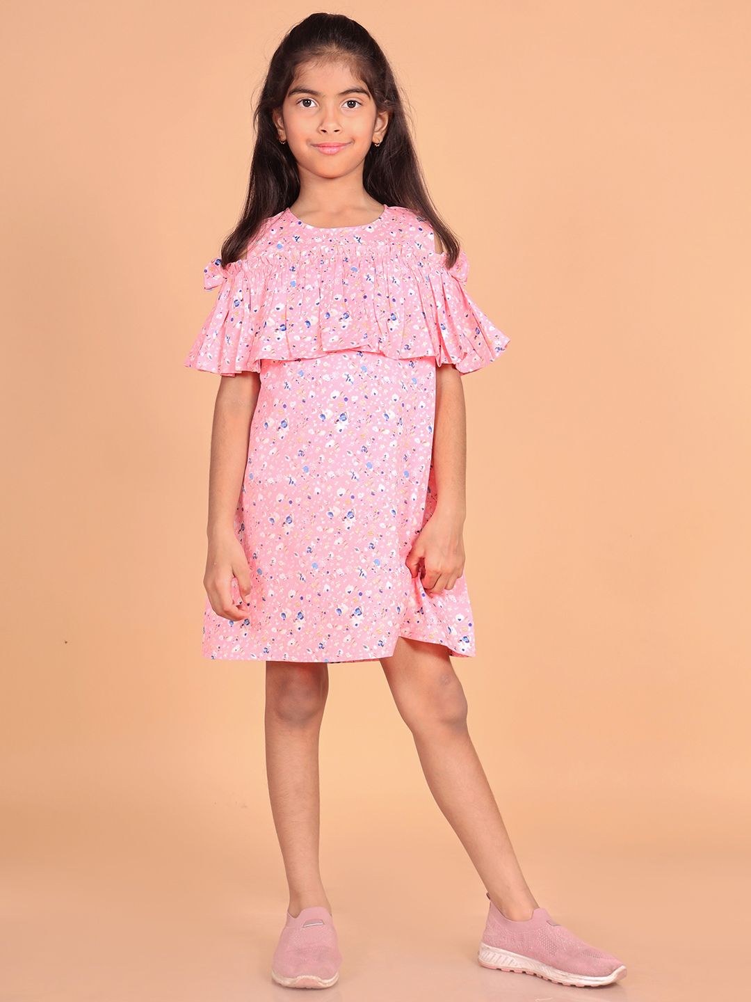 BAESD Girls Floral Printed Cold-Shoulder Sleeves Pure Chiffon Ruffled A-Line Dress-picture-32