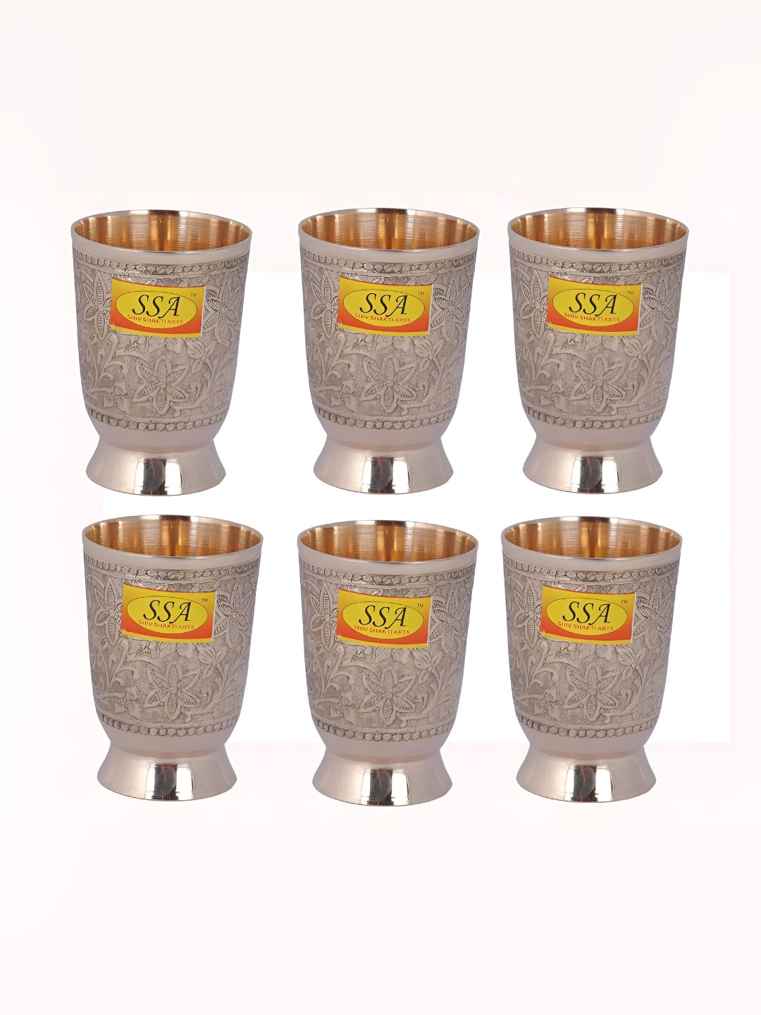 Shivshakti Arts 6 Pieces Yellow Embossed Flower Design Pure Brass Tumbler -300 ml Each-picture-5