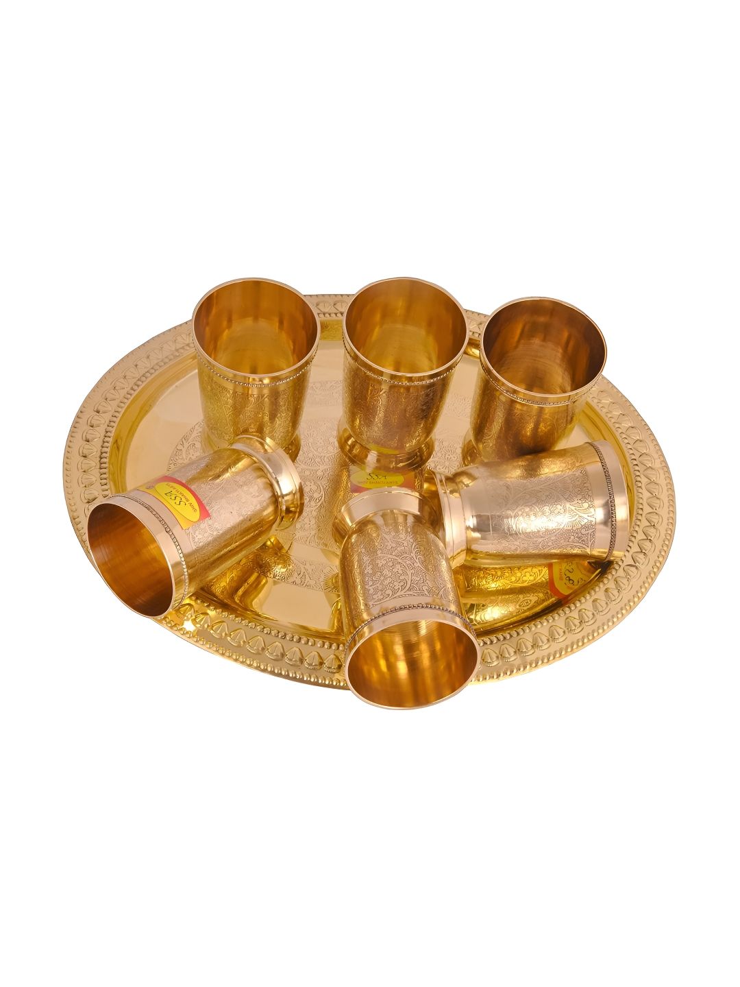 Shivshakti Arts Gold-Tone & Yellow 7-Pcs Brass Water Glass With Plate 300Ml-picture-21