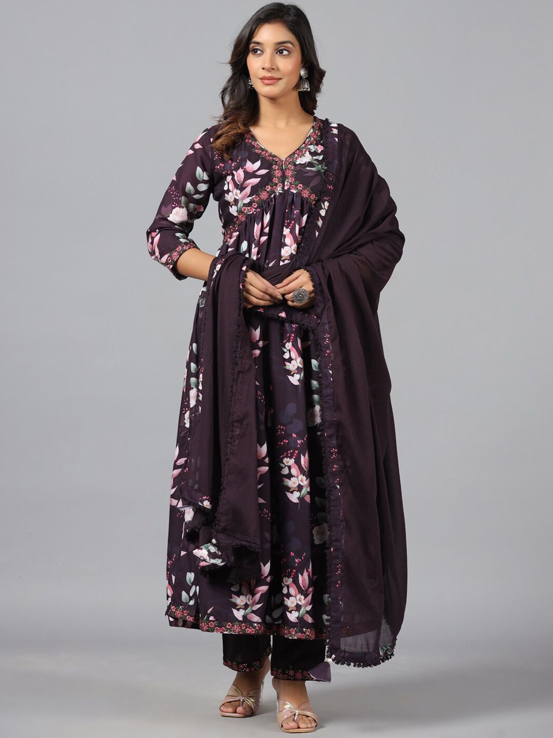 Women Floral Embroidered Empire Thread Work Kurta with Trousers & With Dupatta