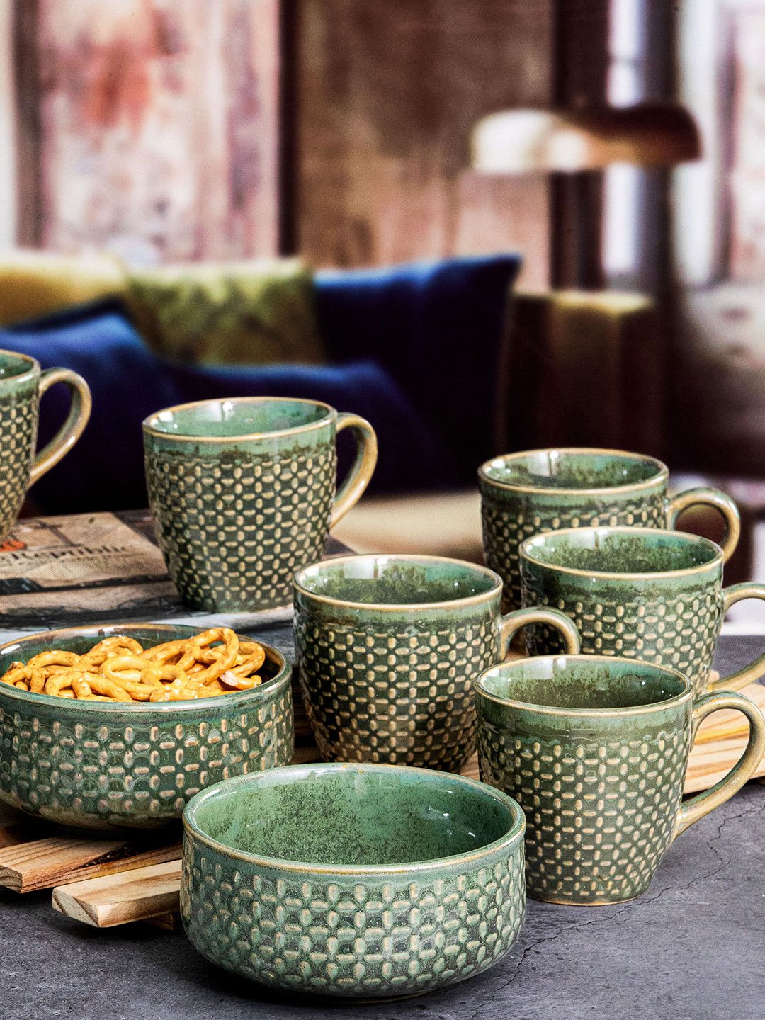 Roxx Green & Beige 8 Pieces Floral Ceramic Glossy Mugs With Bowls-image-46