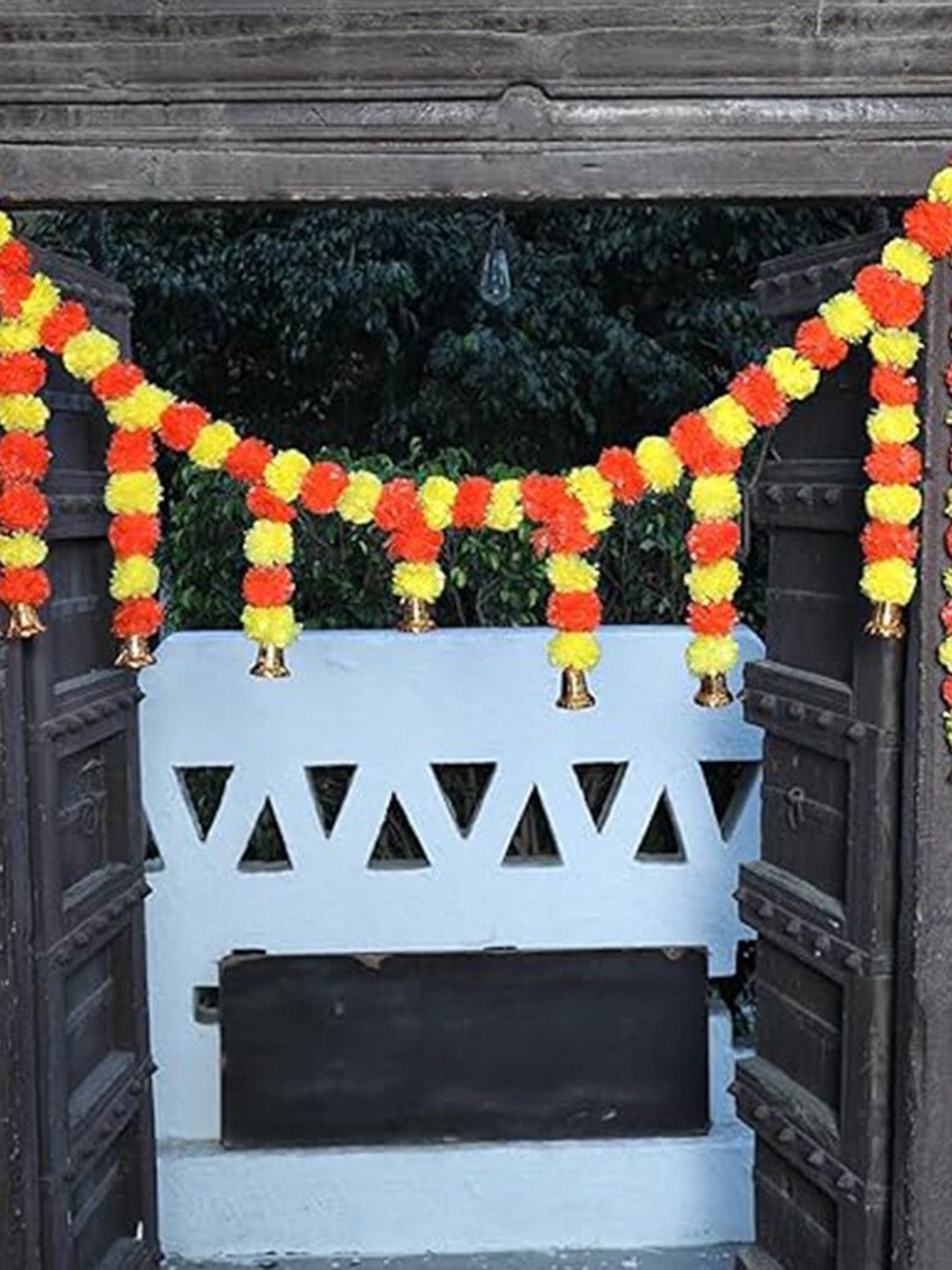 Kaameri Bazaar Orange & Yellow Hanging Marigold Artificial Flower Toran with Bells-picture-38