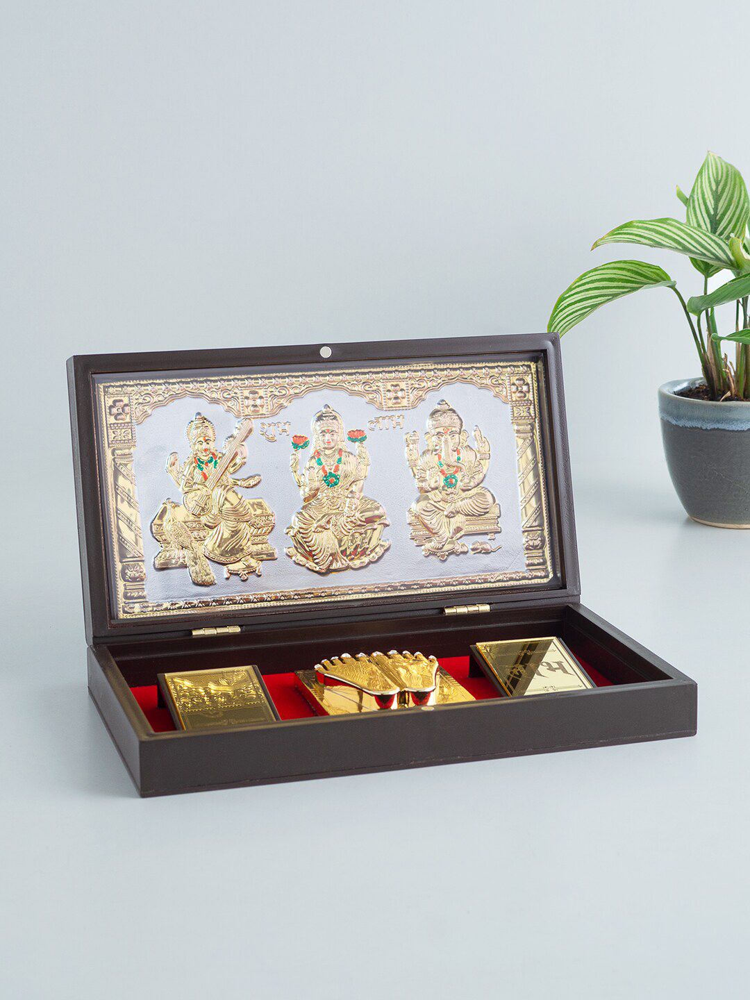 Golden Peacock 24 KT Gold Plated Laxmi, Ganesha, Saraswati Pooja Box