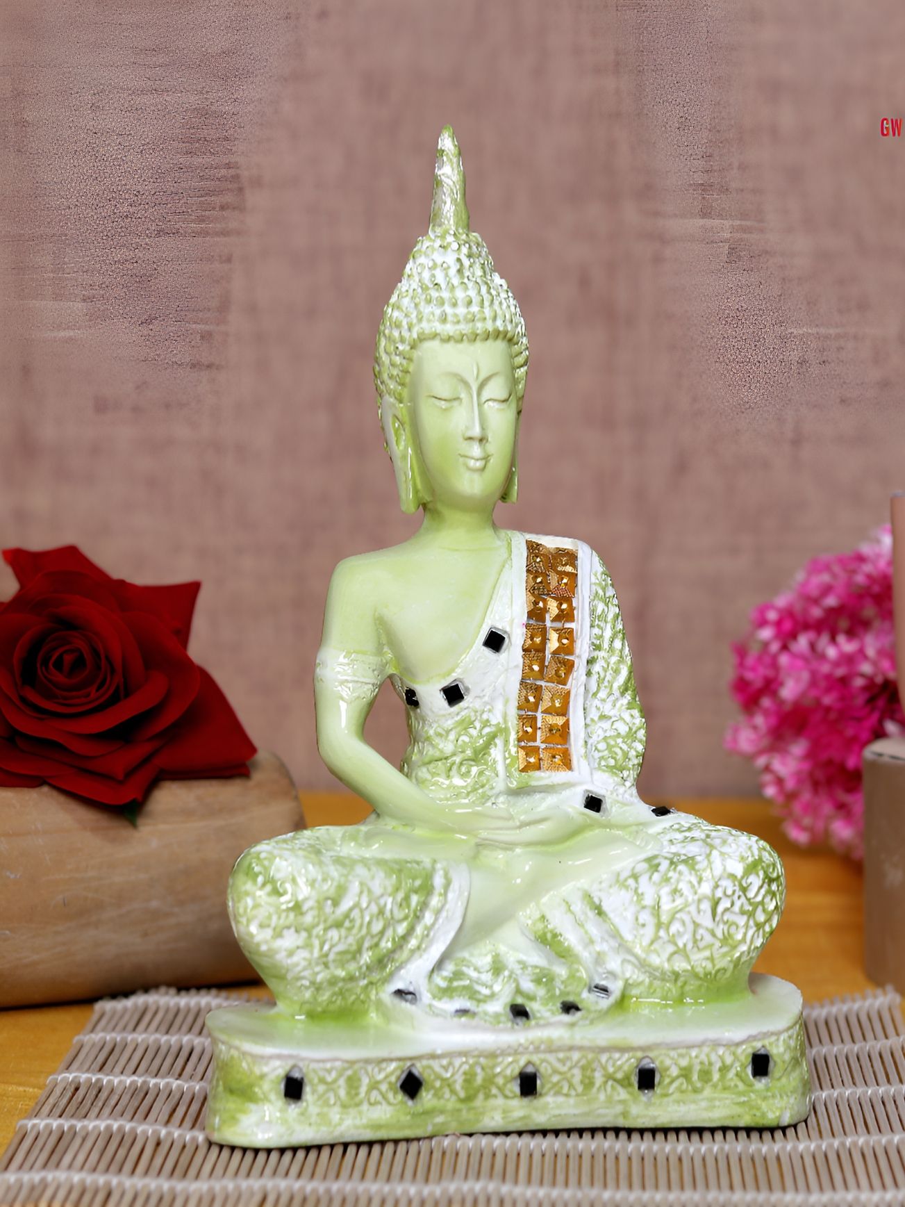 GW CREATIONS Green & White Buddha Polyresin Idol Showpiece-image-7