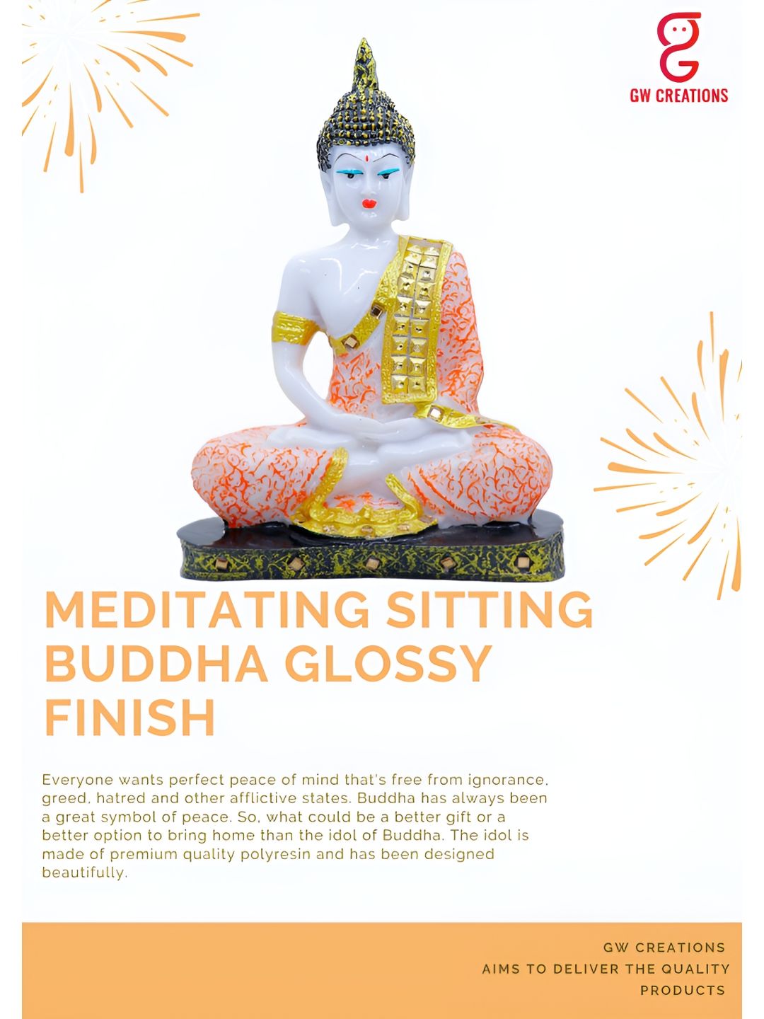 GW CREATIONS Orange & White Buddha Marble Idol Showpiece-image-28