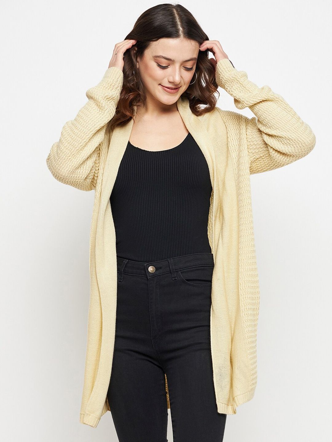 CREATIVE LINE Self Design Knitted Longline Woolen Shrug-image-9