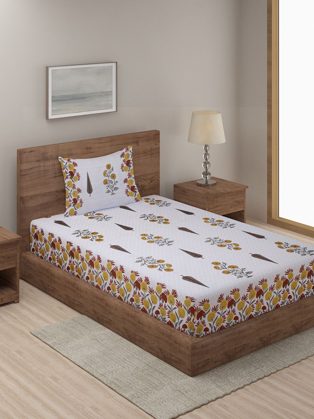 Rajasthan Decor White & Yellow Ethnic Cotton 144 TC Single Bedsheet with 1 Pillow Cover-picture-33