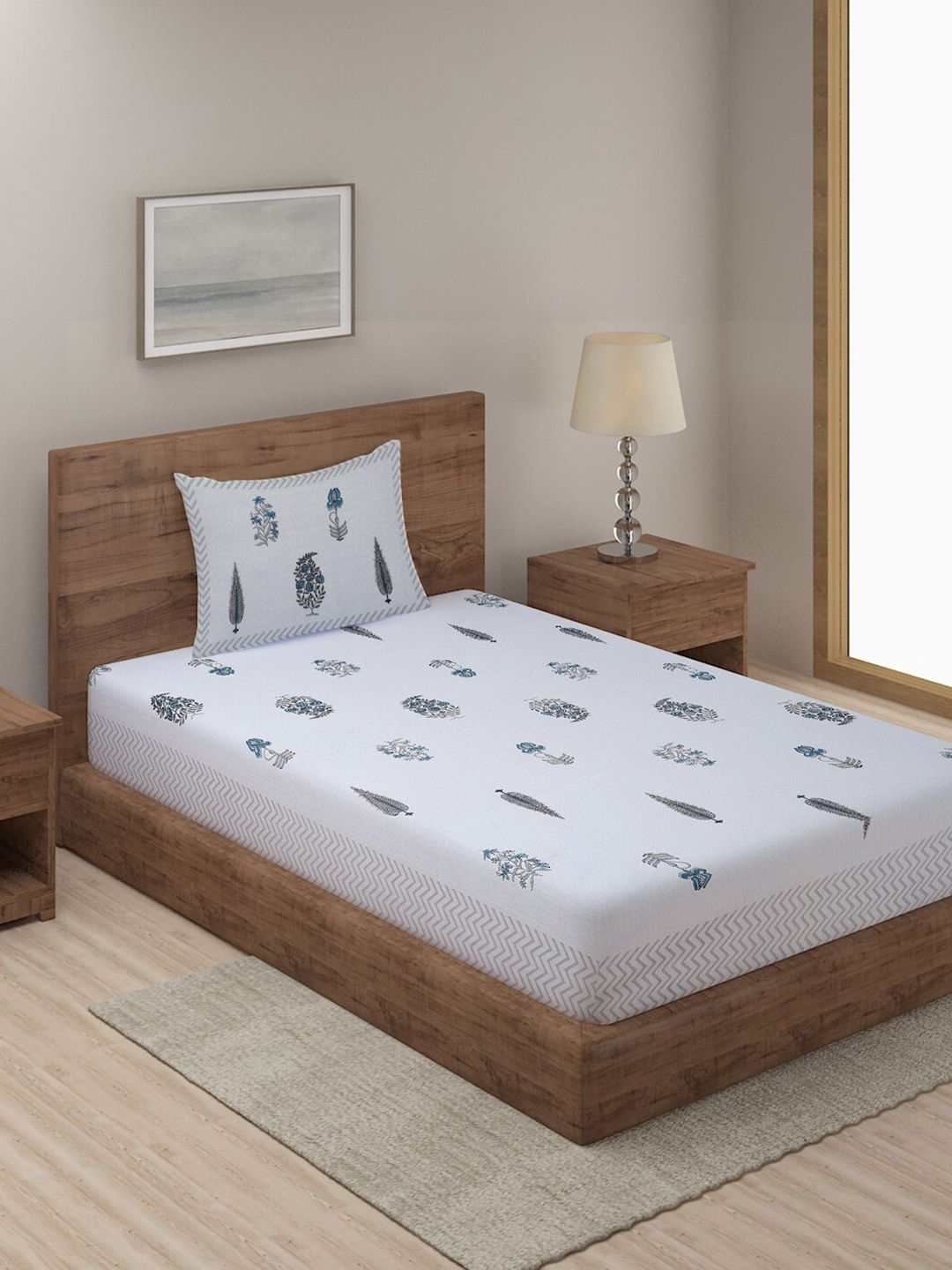 Rajasthan Decor White Ethnic Motifs Cotton 144 TC Single Bedsheet With 1 Pillow Cover-picture-14