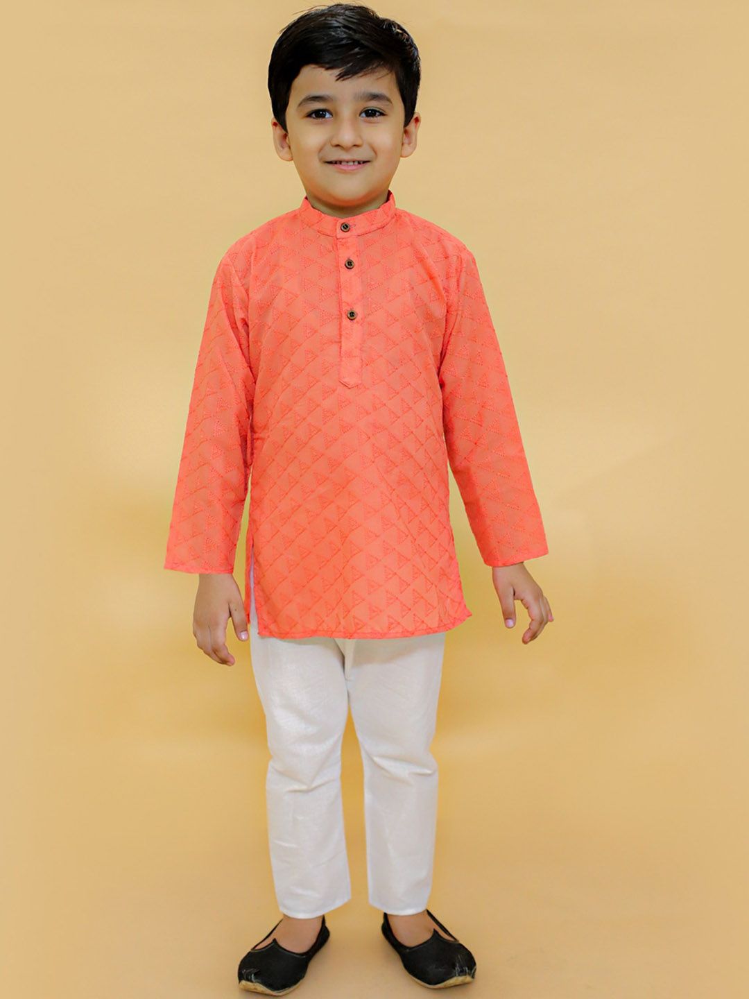 BAESD Infant Boys Red Ethnic Motifs Embroidered Chikankari Pure Cotton Kurta with Pyjamas-image-24