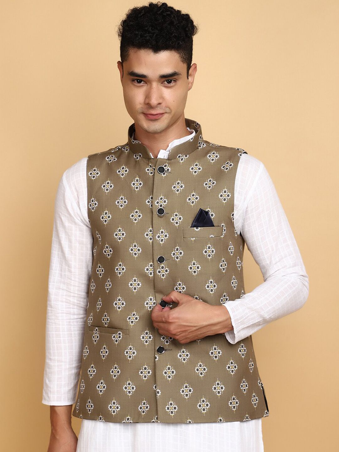 V-Mart Ethnic Motifs Printed Mandarin Collar Pure Cotton Nehru Jacket-image-28