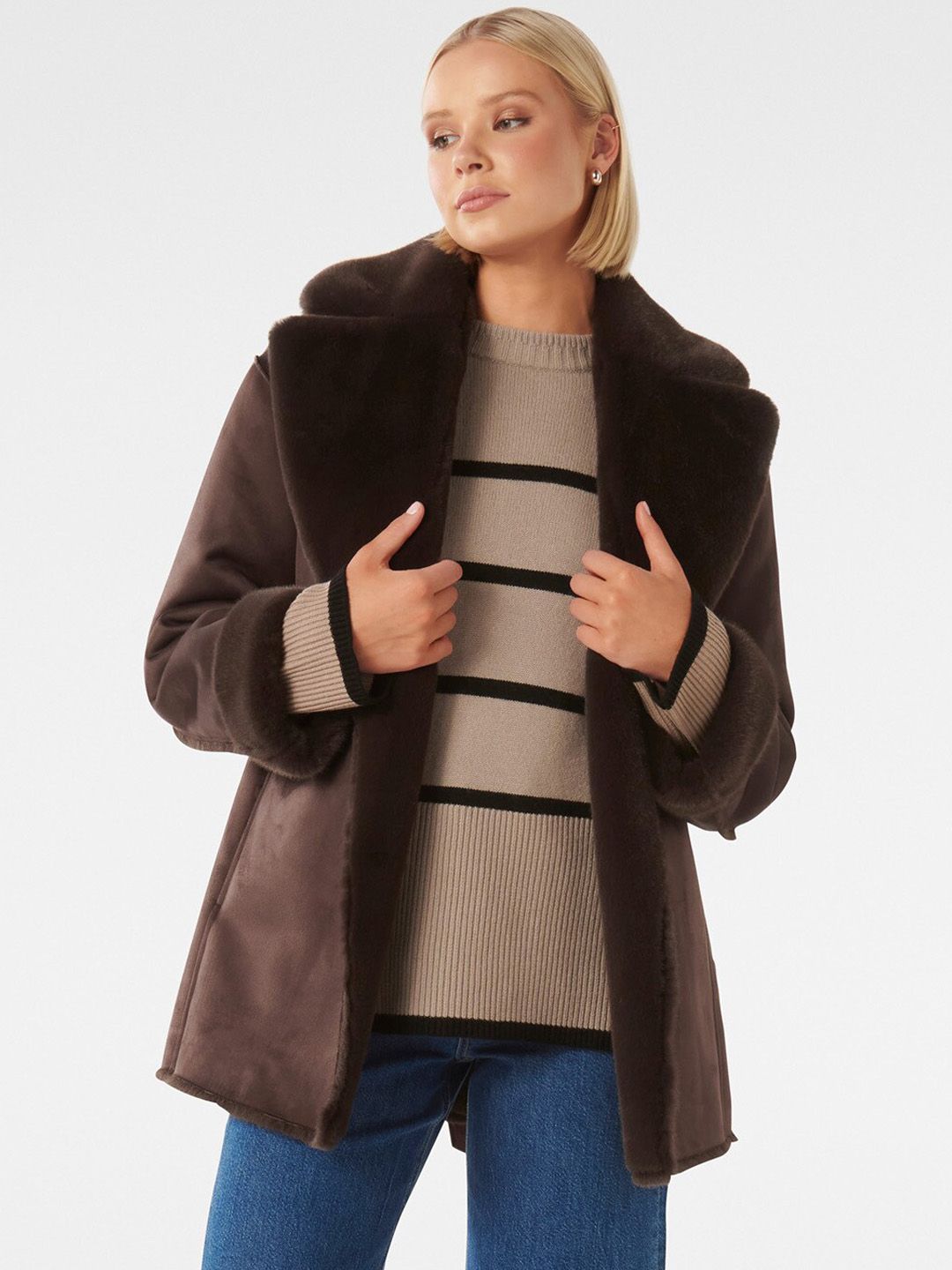 Women Brown Solid Fleece Overcoat Winter Coat