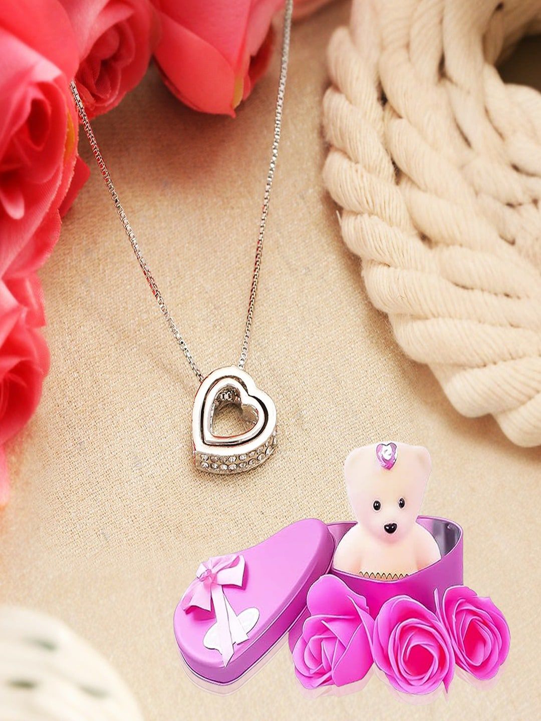 UNIVERSITY TRENDZ Silver-Plated Heart Pendant With Chain & Teddy Home Gift Set-image-22