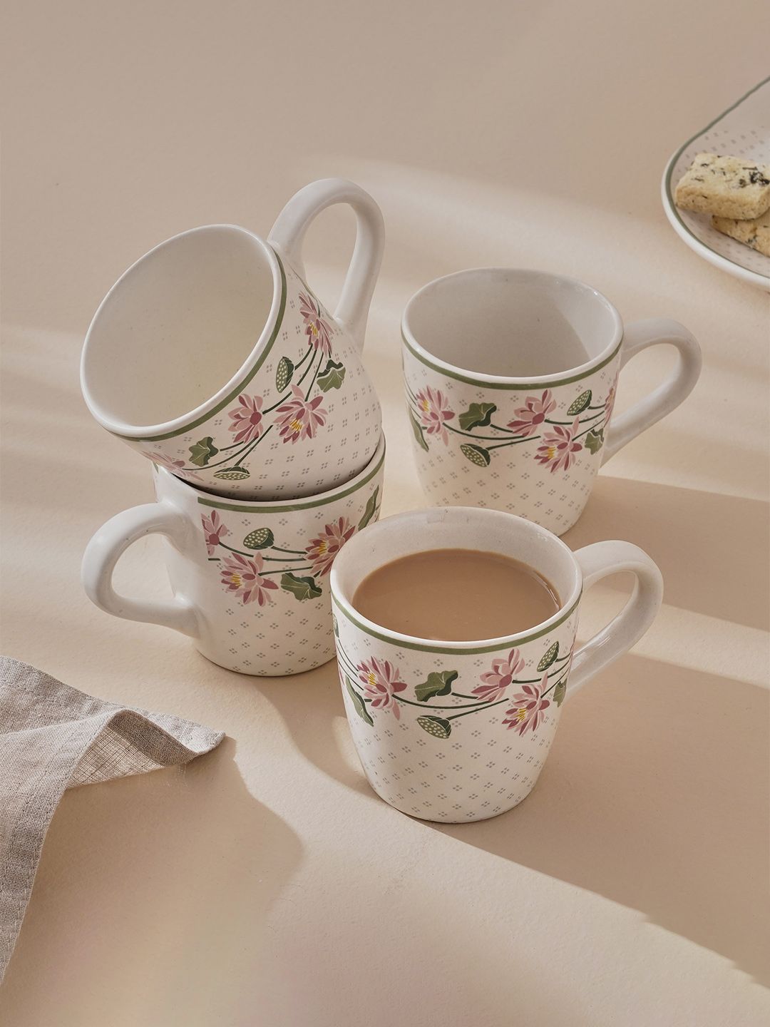 Home Centre White & Pink 4 Pieces Floral Printed Stoneware Mugs 240 ML Each-picture-24