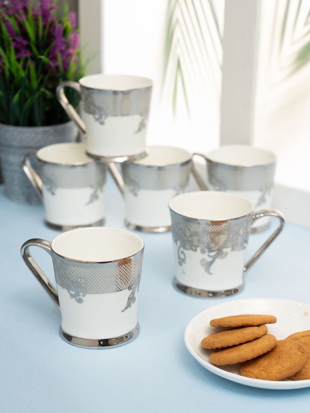 CLAY CRAFT White & Grey 6 Pieces Floral Printed Ceramic Glossy Mugs 200 ml-image-37