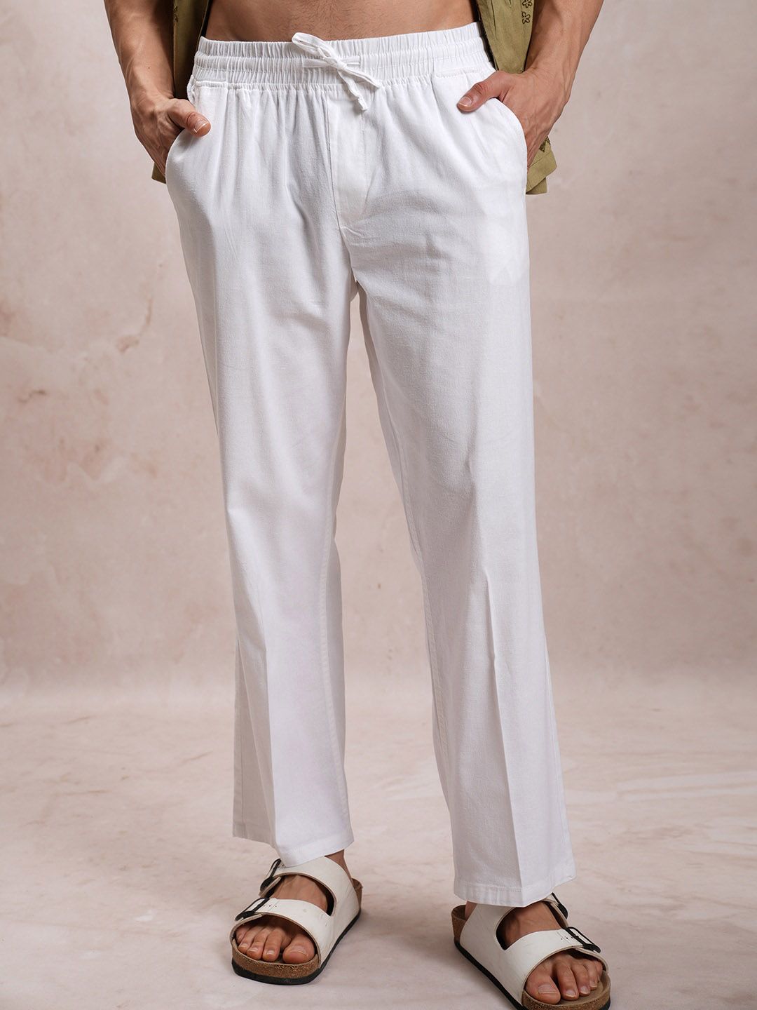 HIGHLANDER Men White Mid-Rise Relaxed Fit Cotton Linen Trousers