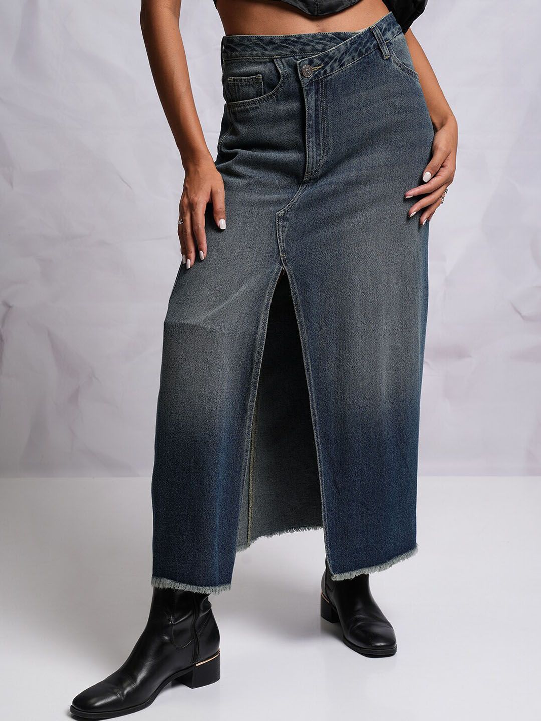 Tokyo Talkies A-Line Pure Cotton Denim Maxi Skirt-image-49