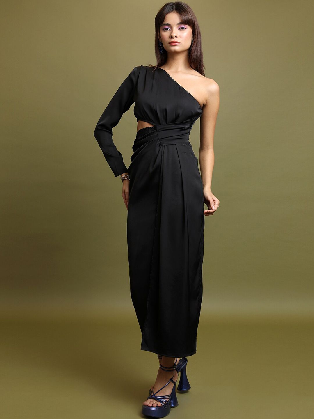Tokyo Talkies Black One Shoulder Pleated Cut Out A-Line Dress