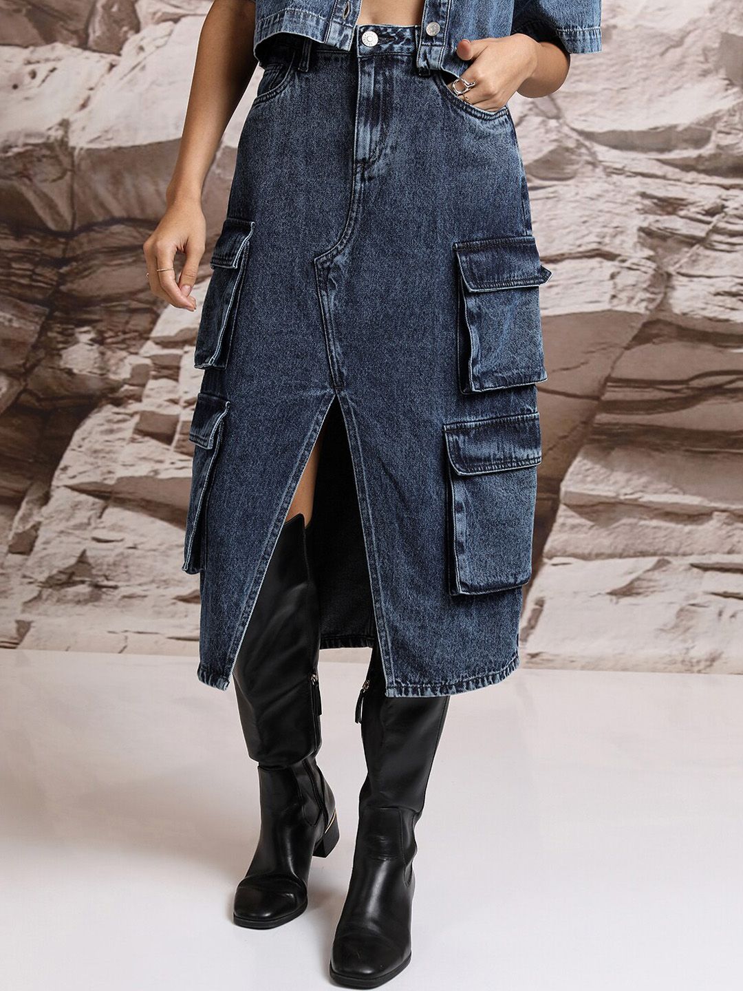 Tokyo Talkies A-Line Pure Cotton Denim Cargo Midi Skirt-picture-35
