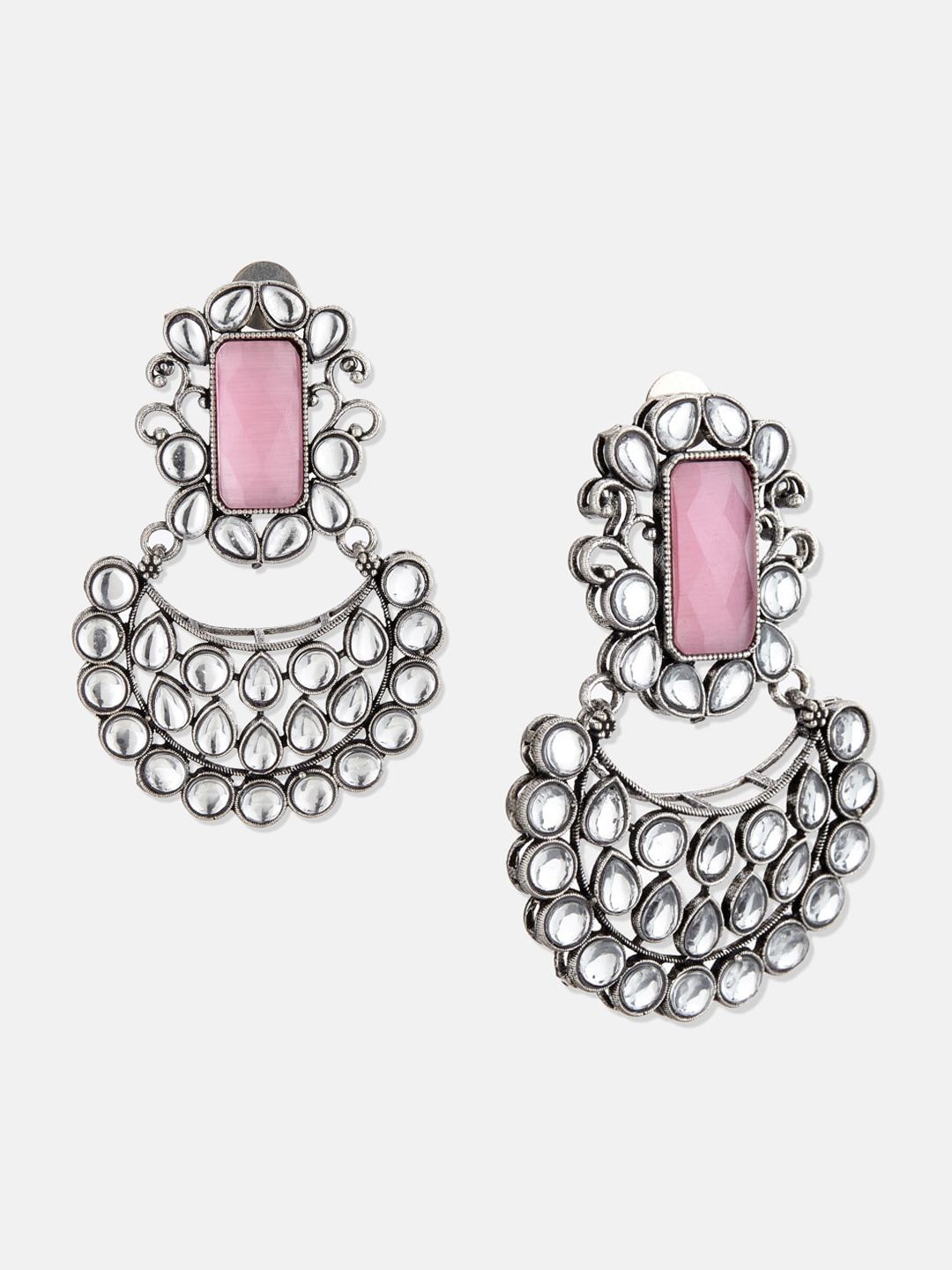 ATIBELLE Silver Plated Kundan Studded Chandbalis