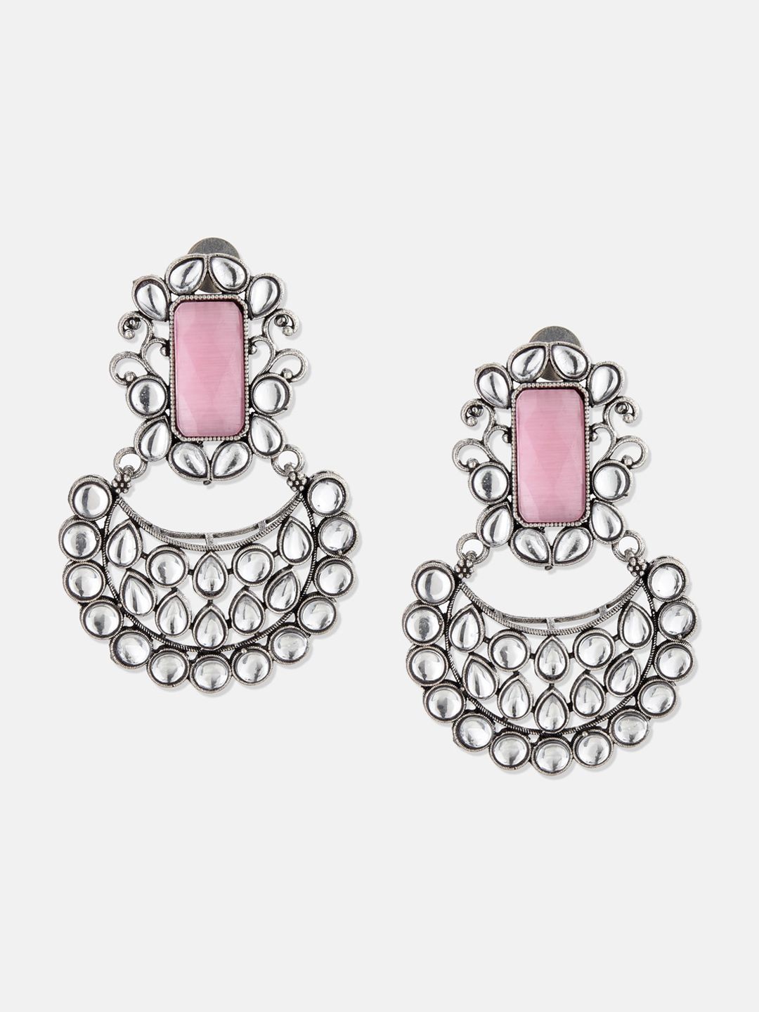 ATIBELLE Silver Plated Kundan Studded Chandbalis