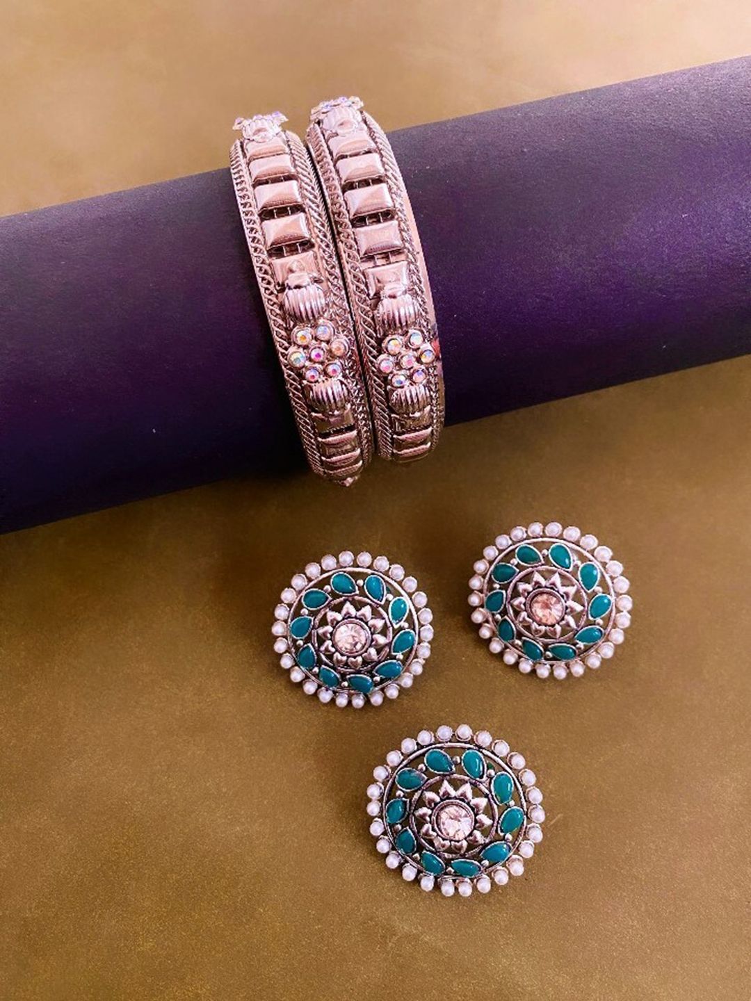ATIBELLE German Silver Bangles With Earrings & Finger Ring Set