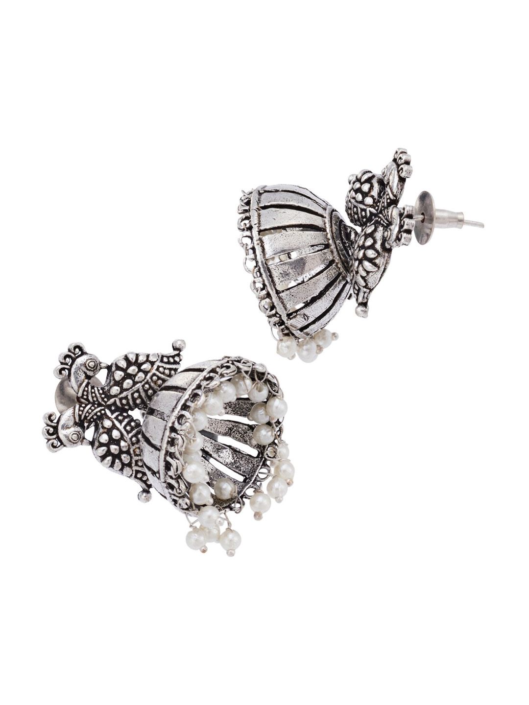 ATIBELLE Silver-Plated Peacock Shaped Jhumkas Earrings