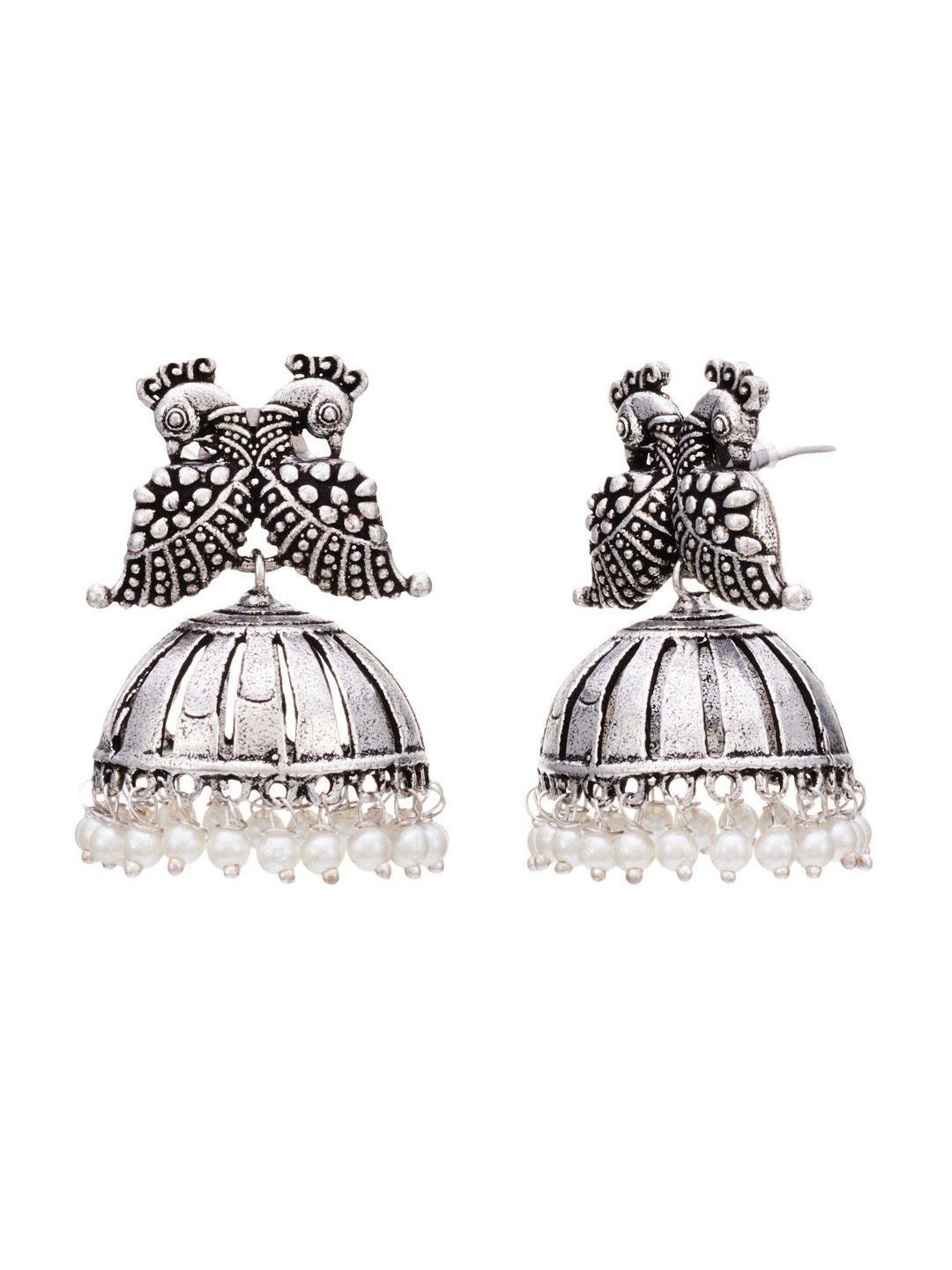 ATIBELLE Silver-Plated Peacock Shaped Jhumkas Earrings
