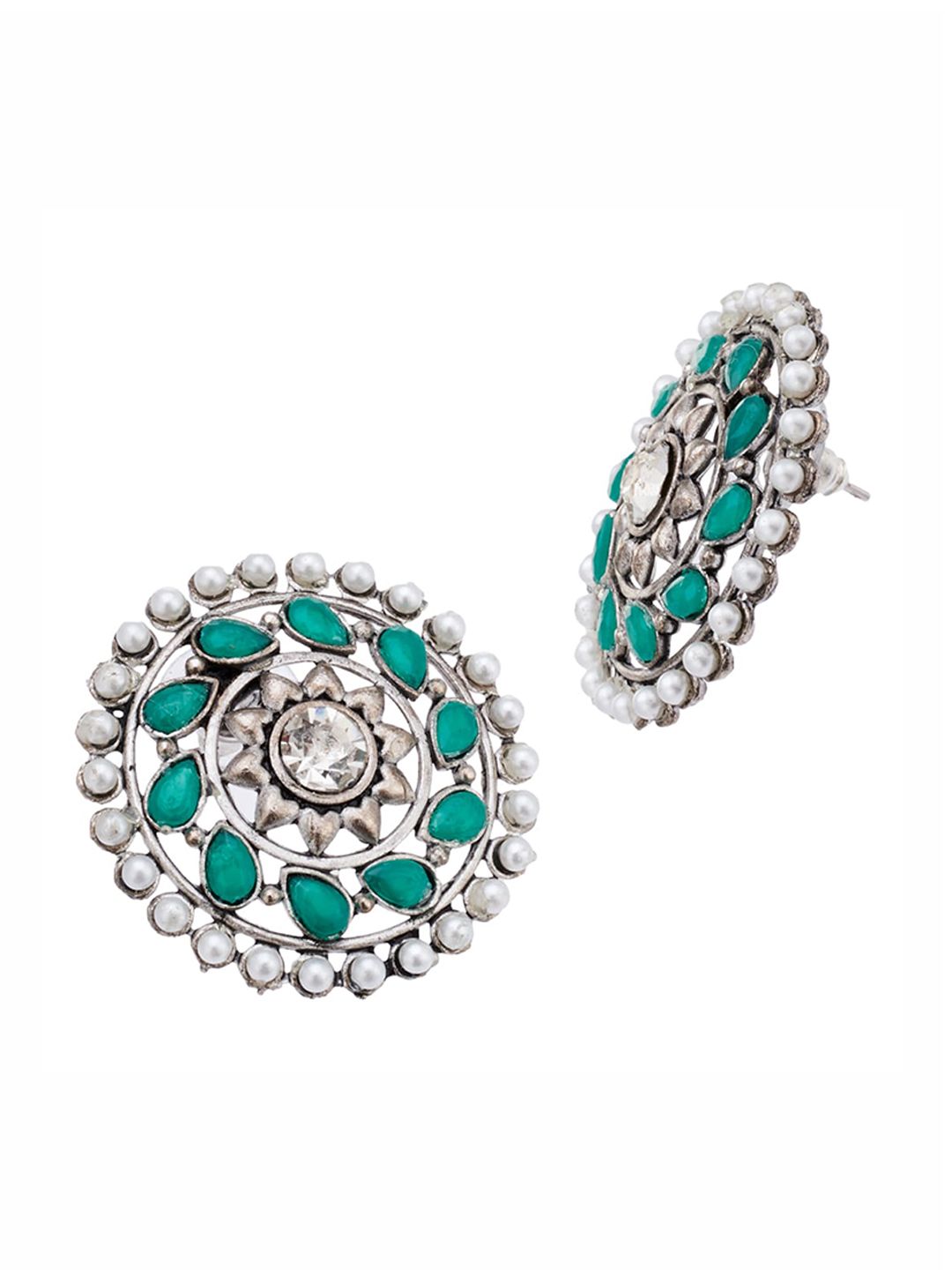 ATIBELLE German Silver Stone Studded & Pearls Beaded Jewellery Set