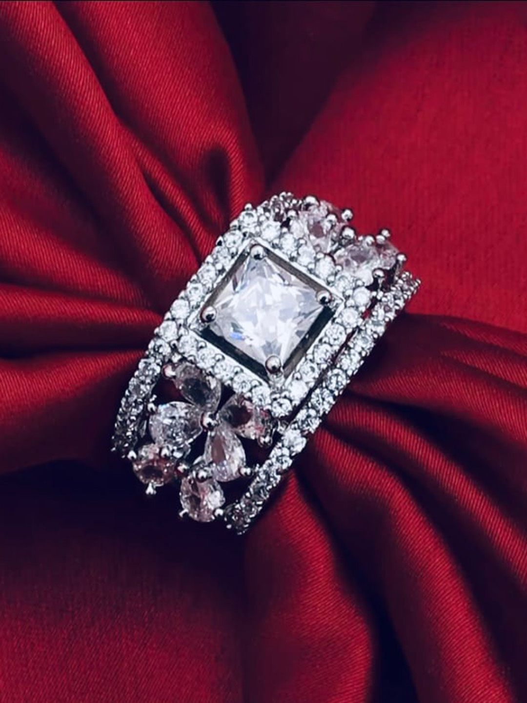 ATIBELLE Silver-Plated CZ-Studded Adjustable Finger Ring