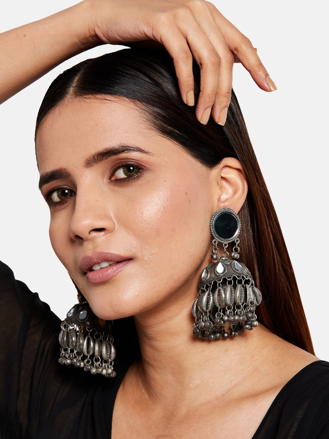 ATIBELLE Silver Plated Stone Studded Dome Shaped Jhumkas