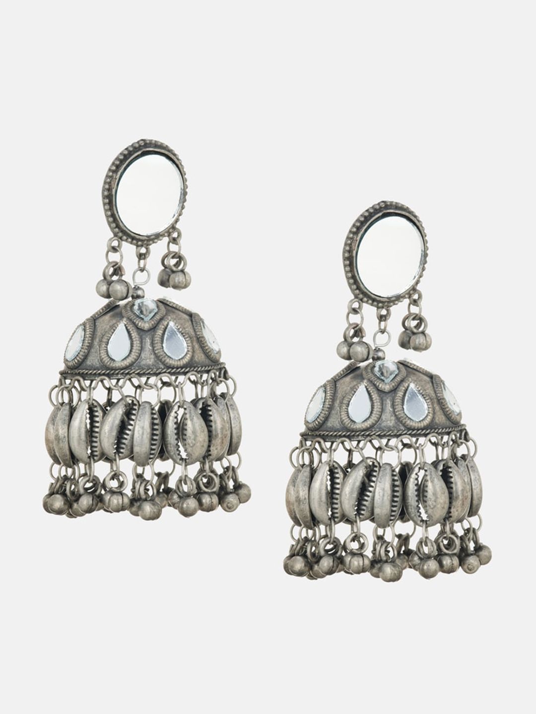 ATIBELLE Silver Plated Stone Studded Dome Shaped Jhumkas