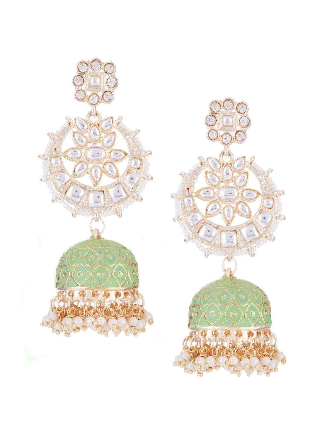 ATIBELLE Gold Plated Kundan Studded & Beaded Meenakari Jhumkas