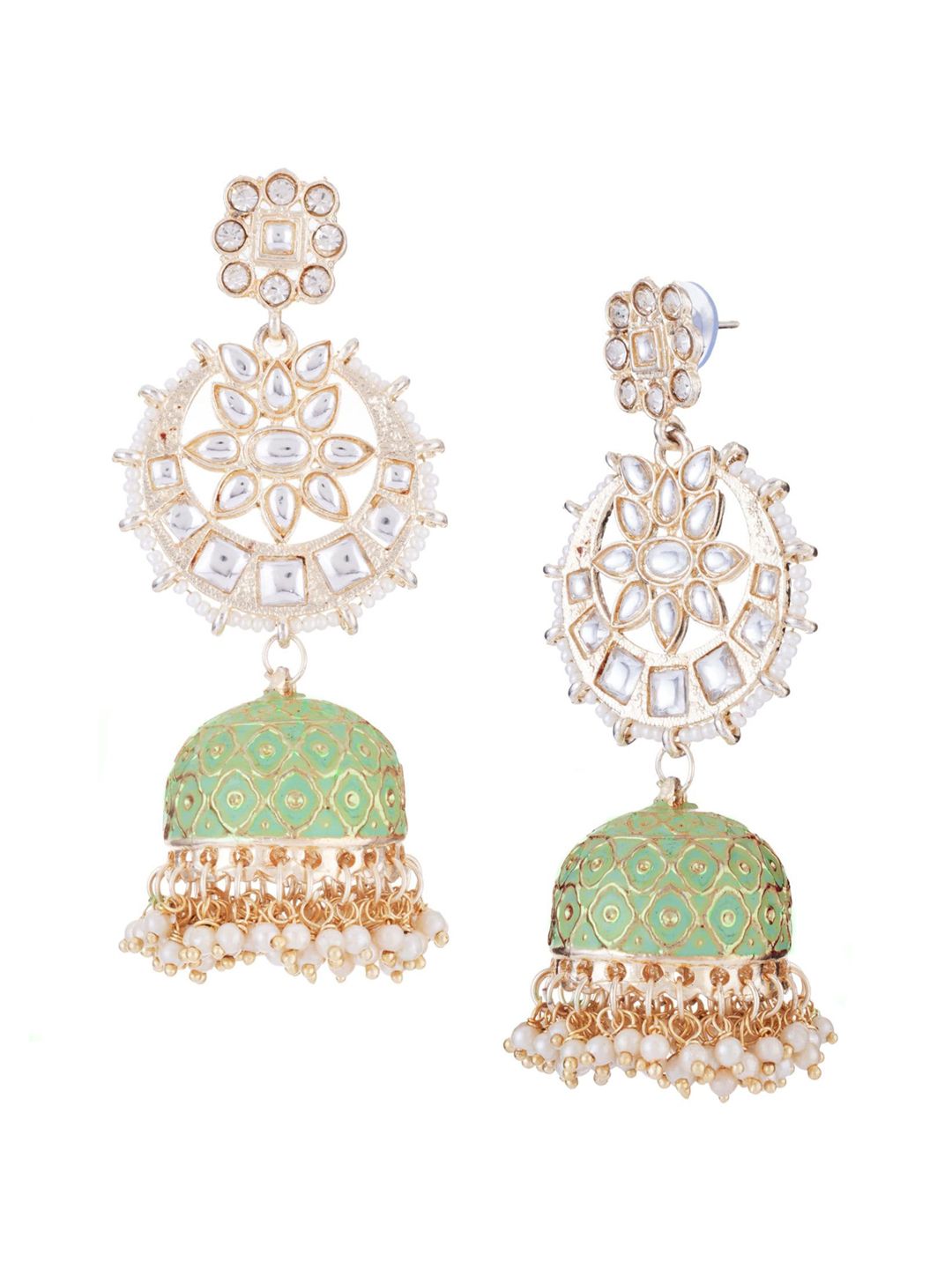 ATIBELLE Gold Plated Kundan Studded & Beaded Meenakari Jhumkas